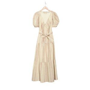 Mon Renn Basketweave Maxi Dress Womens XS Pink Short Puff Sleeve Scoop Neck Tier